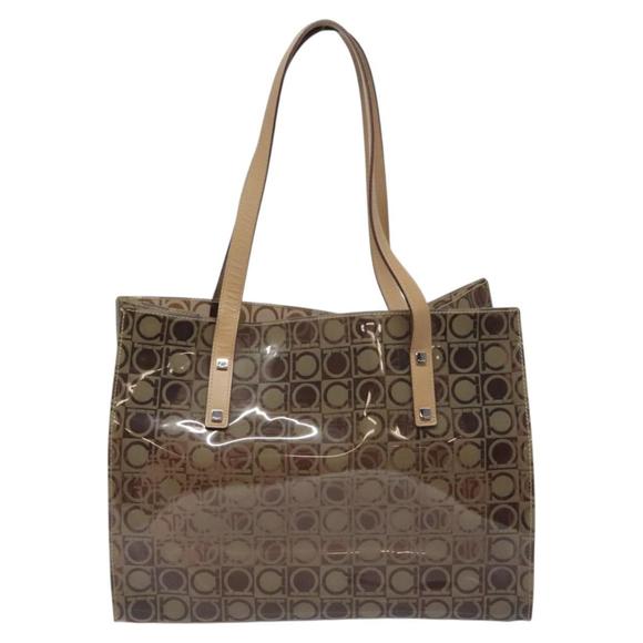 Salvatore Ferragamo Gancini Tote Bag Vinyl Brown Silver Auth BA2989